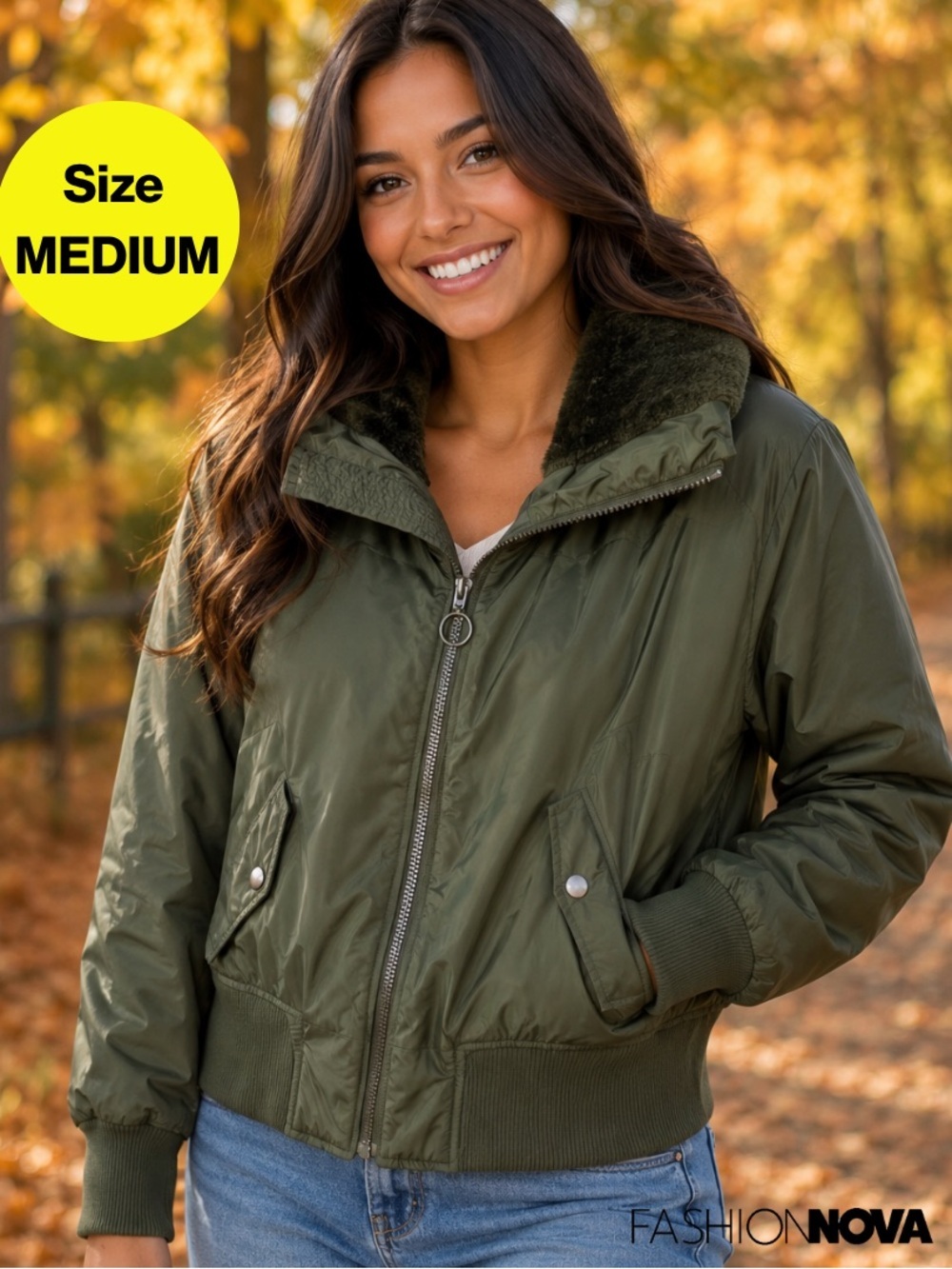 FASHION NOVA 💚 “Nights in Denver” Bombr Jacket, Faux Fur, Pockets (Size Medium)